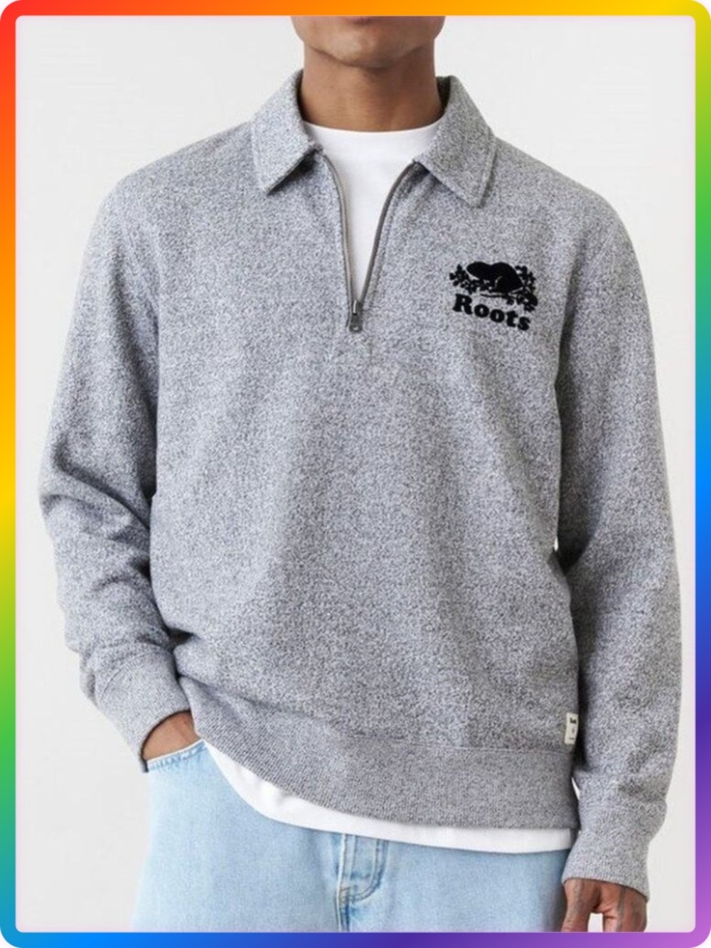 Roots Zip Polo Sweatshirt SIZE S Gray Salt Pepper Fleece Pullover Long Sleeve